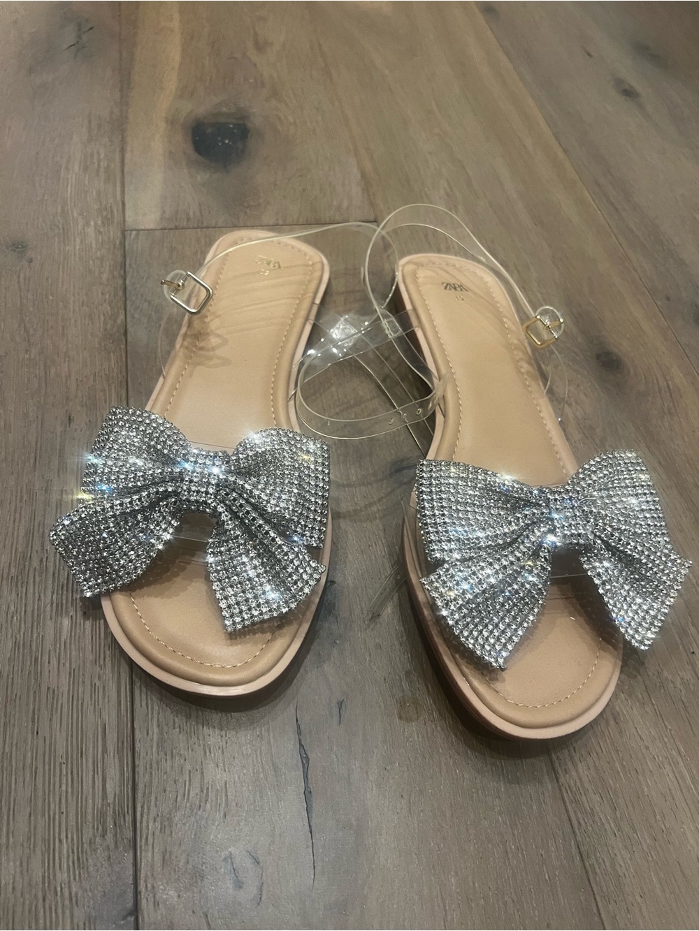Zara Silver Crystal Bow Slide Sandals - Picture 1 of 4